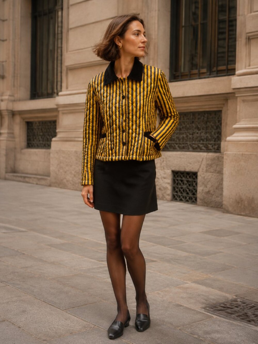 Moschino Cheap and Chic Striped Quilted jacket 1990s Sz S mustard yellow Vintage
